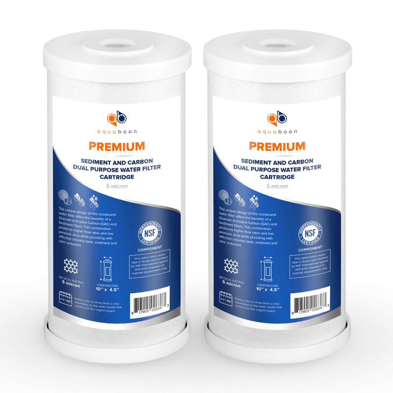 Aquaboon 5 Micron 10 x 4.5 Whole House Water Filter Replacement Cartridge, Superior High-Capacity Whole House Carbon And Sediment Water Filter Compatible With FXHTC, GXWH35F, WHKF-GD25BB (2 Pack) - Image 1